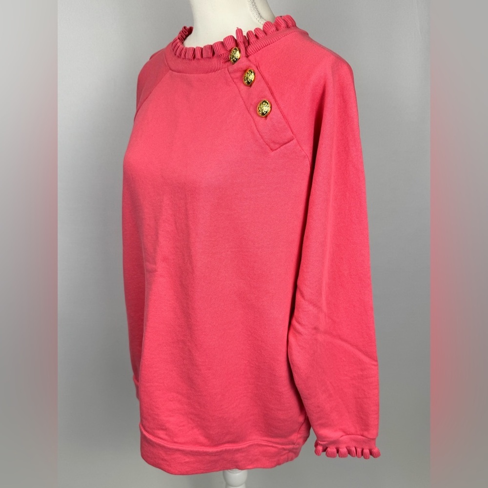 Talbots Ruffle Trim Raglan Sweatshirt Pink Gold Buttons At Neckline Size 1X - Picture 5 of 10